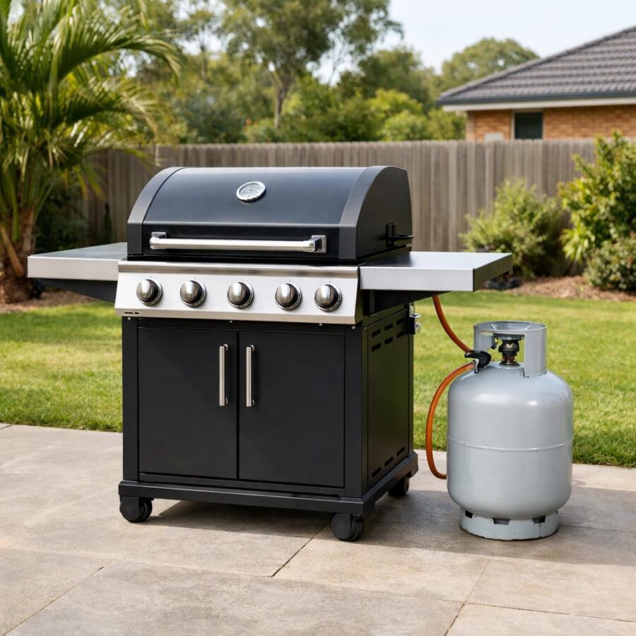 Gas barbecue set up safely in an Australian backyard with clear space around it and an upright LPG cylinder.