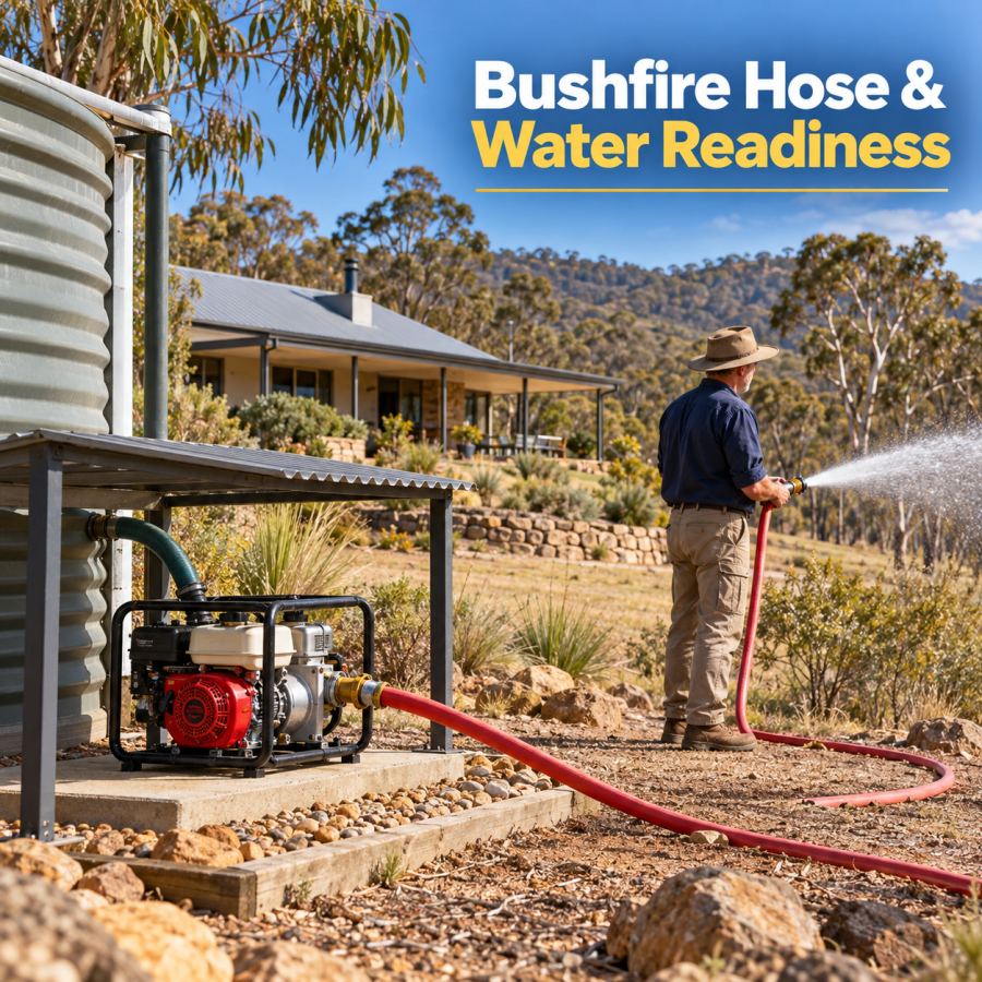 Australian rural property owner testing a bushfire hose and independent water pump before fire season