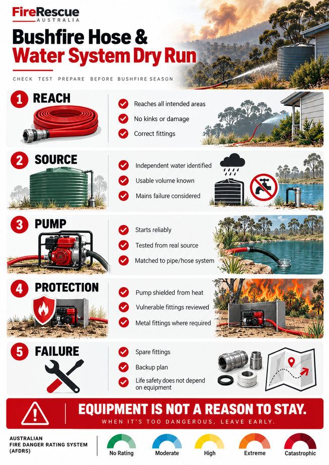 Bushfire hose and water system dry run showing reach source pump heat protection and backup failure planning