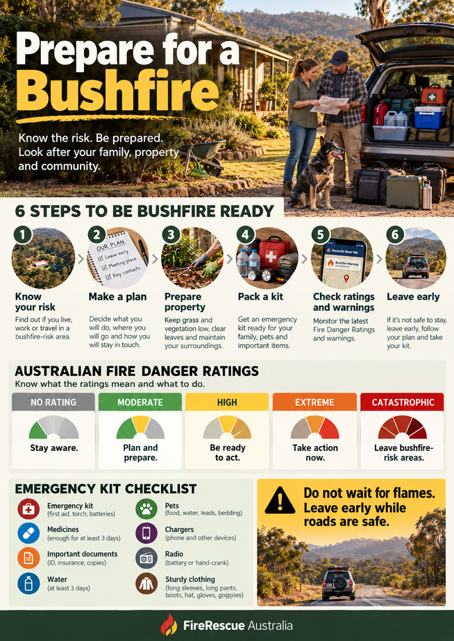 Australian bushfire preparation guide showing Fire Danger Ratings, household planning, emergency kit and leave-early actions