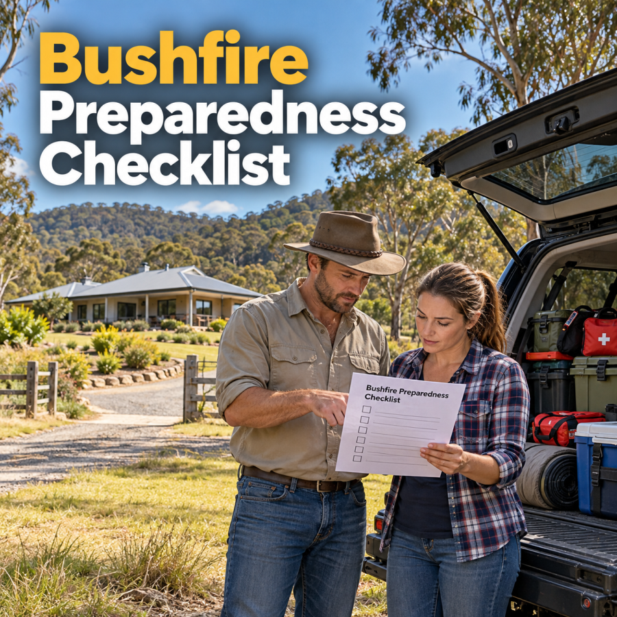 Australian family reviewing a bushfire preparedness checklist beside a packed vehicle and prepared rural home