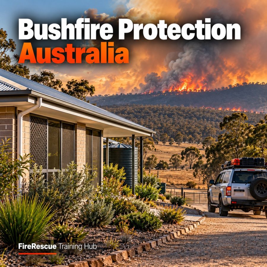 Prepared Australian rural home with low-fuel landscaping and a bushfire burning on a distant ridge.