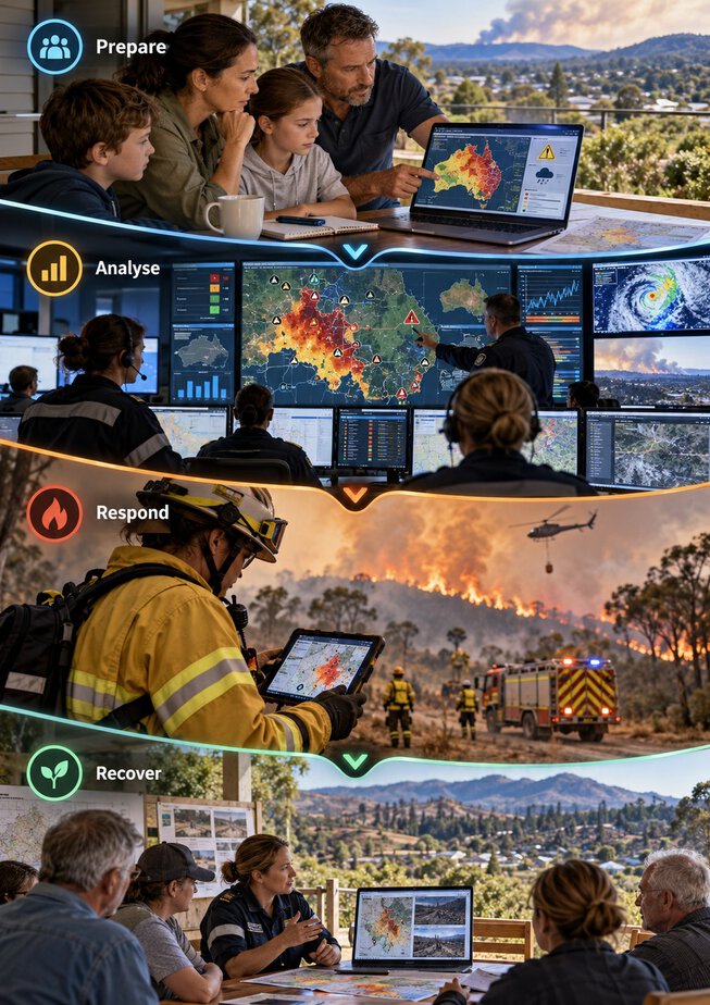 Emergency intelligence lifecycle showing preparation, analysis, response and recovery for Australian communities and emergency services.