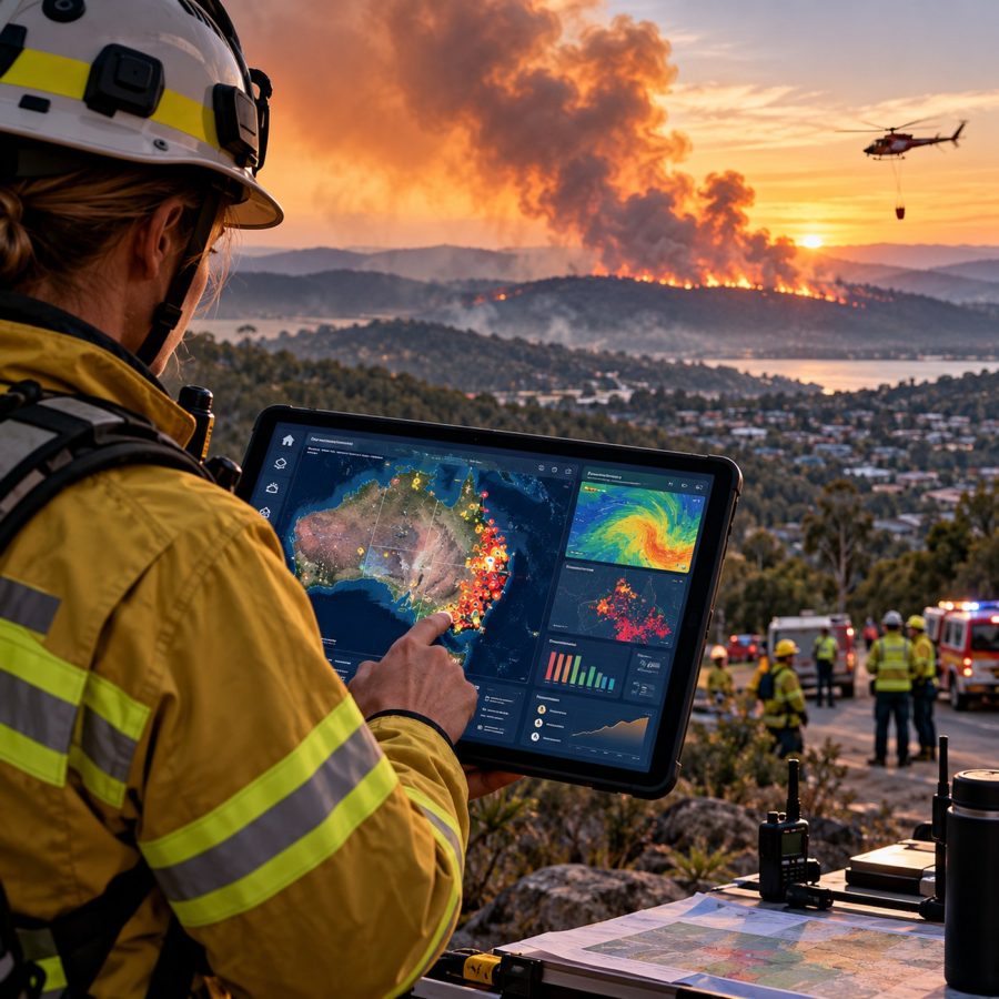 Australian firefighter using a digital incident intelligence dashboard overlooking an active bushfire and emergency response.