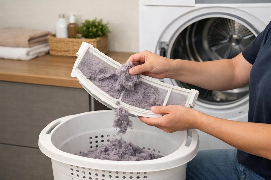Hands removing lint from a clothes dryer filter above a laundry bin.