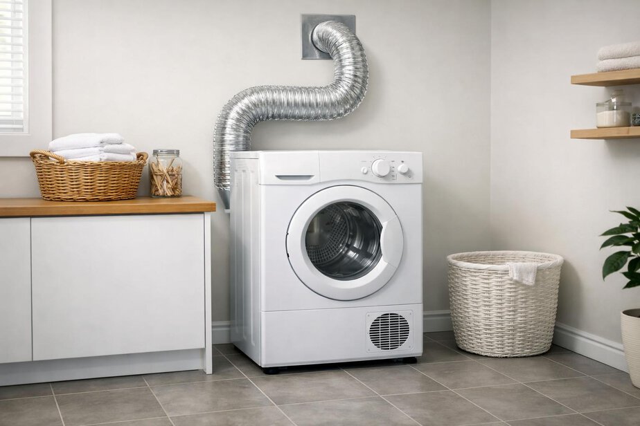 Clothes dryer installed with clear space around it and an unobstructed vent path.