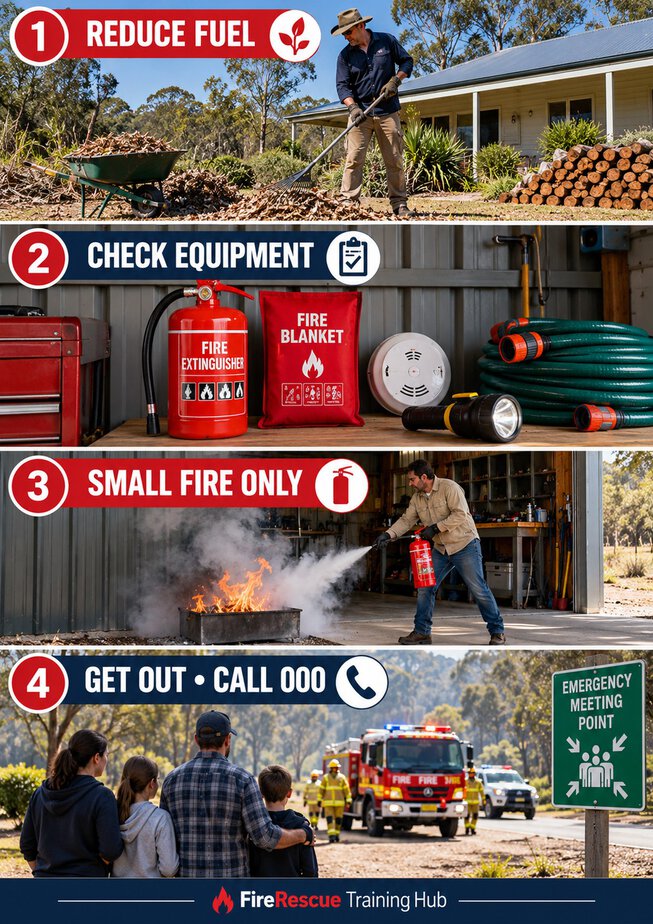 Four-step fire safety infographic showing fuel reduction, equipment checks, extinguisher use for small fires only and evacuation with a call to Triple Zero