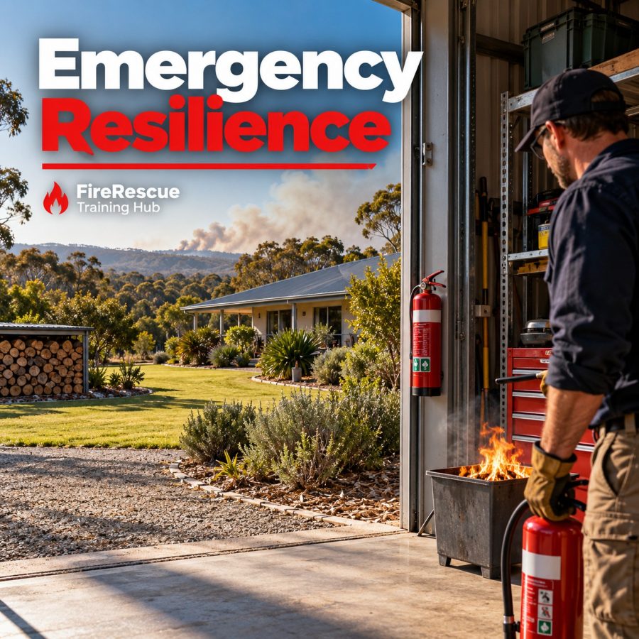 Prepared Australian rural property with reduced fuel load and a fire extinguisher ready for a small early-stage fire