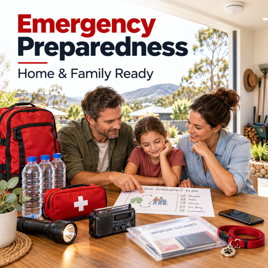 Australian family reviewing a household emergency plan beside an emergency kit and essential supplies