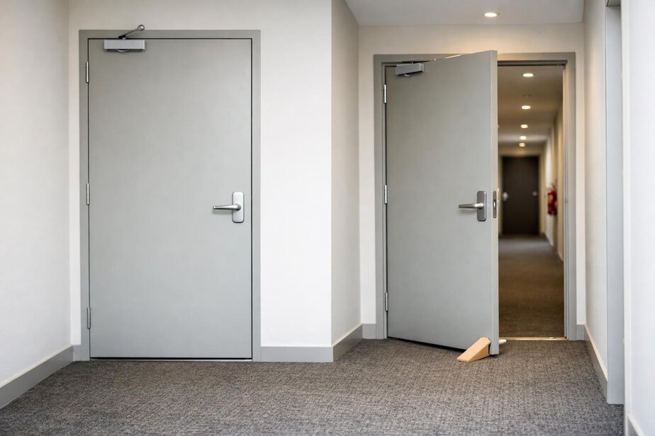 Apartment corridor showing a closed fire door and a wedged-open door