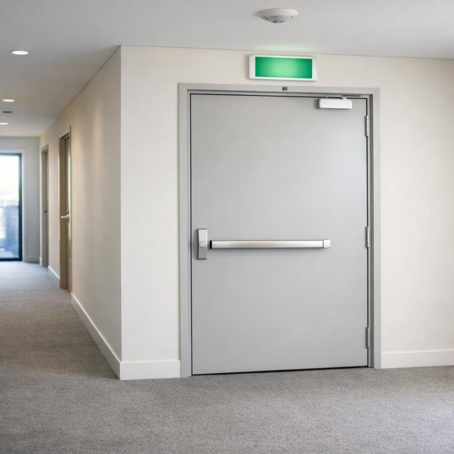 Closed fire door in an apartment building corridor leading to a stairwell