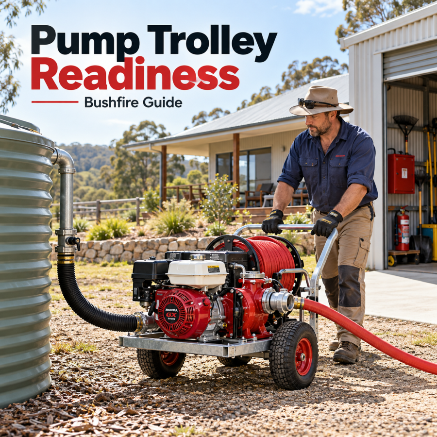 Australian rural property owner moving a fire fighting pump trolley beside a water tank and hoses before bushfire season