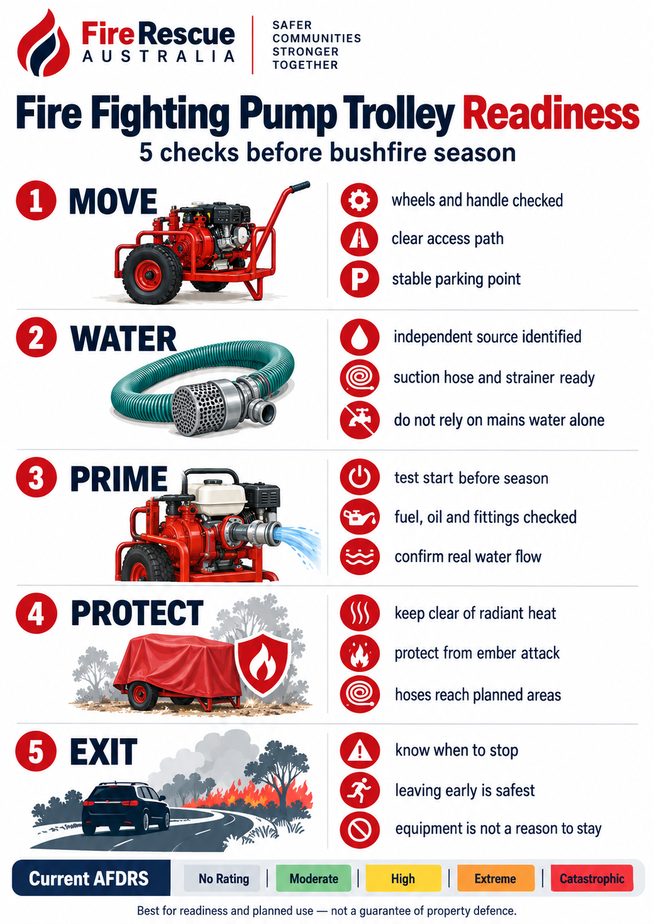 Fire fighting pump trolley infographic showing five readiness checks for Australian bushfire preparation