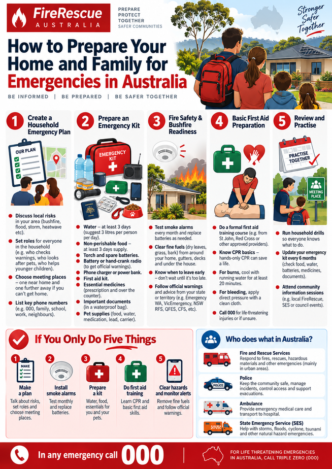 Australian emergency preparedness infographic showing five household readiness steps and who to call in an emergency