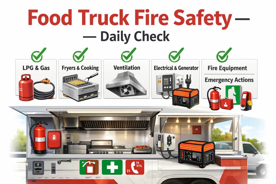 Daily food truck fire safety checklist infographic with LPG, fryer, ventilation, electrical, generator and emergency checks