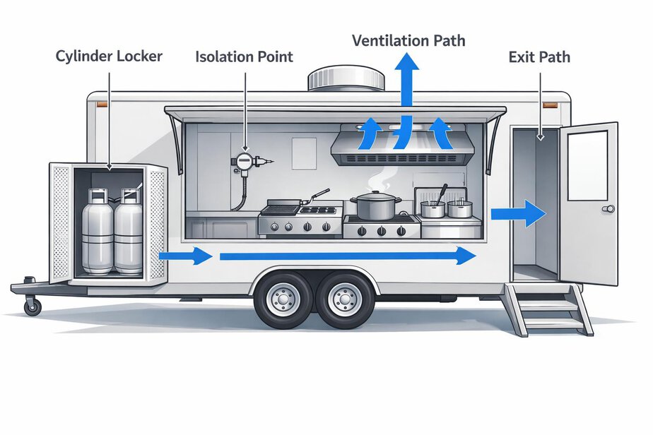 Annotated technical diagram showing LPG cylinder locker, isolation point, ventilation path and exit path in a mobile food vehicle