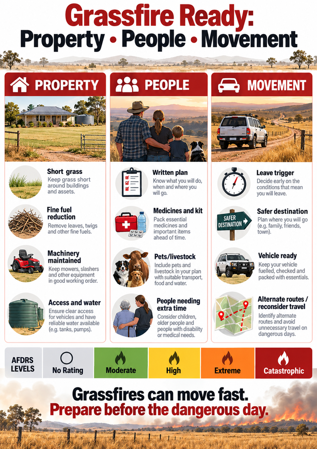 Australian grassfire readiness guide showing property people and movement preparation before fire season