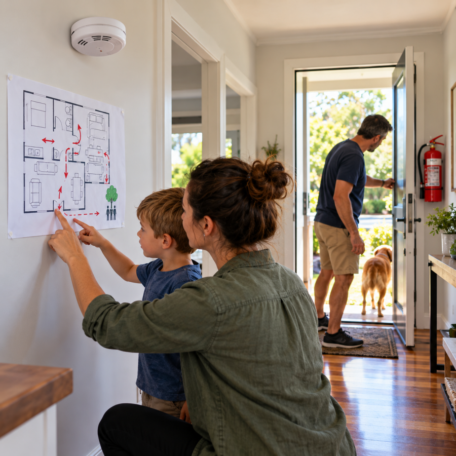 Australian family practising a home fire escape plan with a smoke alarm and clear exit