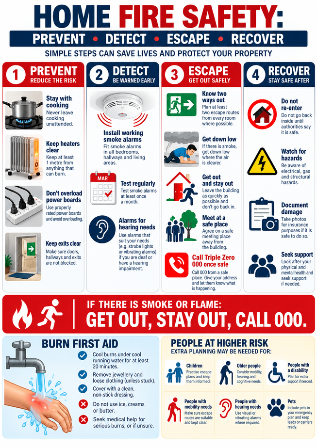 Home fire safety infographic showing Prevent, Detect, Escape and Recover steps for Australian households