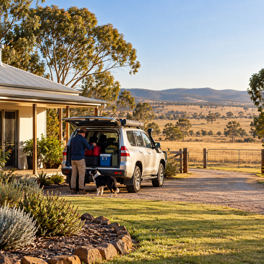 Australian rural property prepared for grassfire season with short grass clear access and emergency kit ready