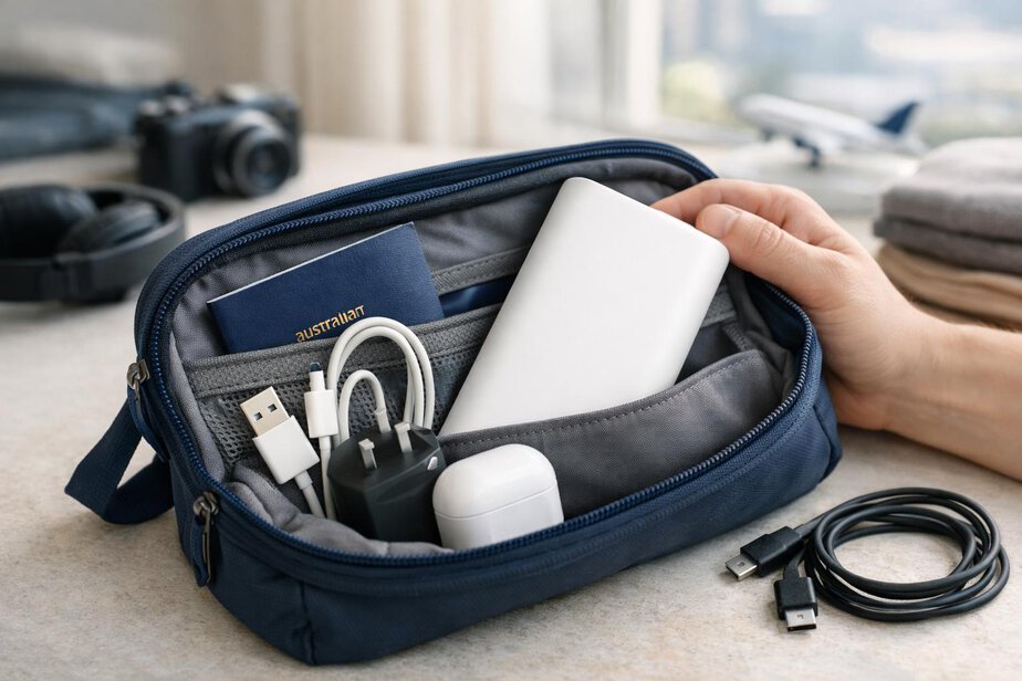 Power bank packed with travel items in a carry-on pouch