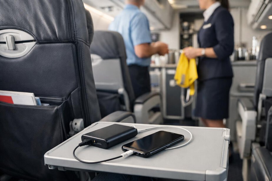 Aircraft cabin seat area with a power bank and phone