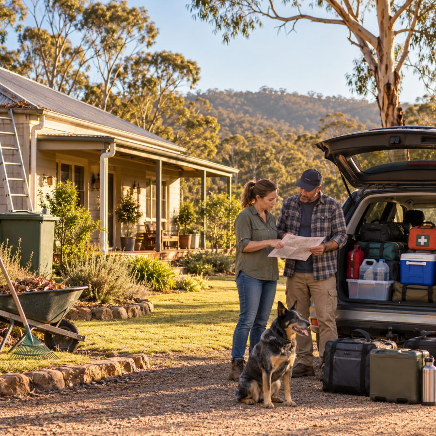 Australian household preparing early for bushfire season with an emergency plan and packed vehicle