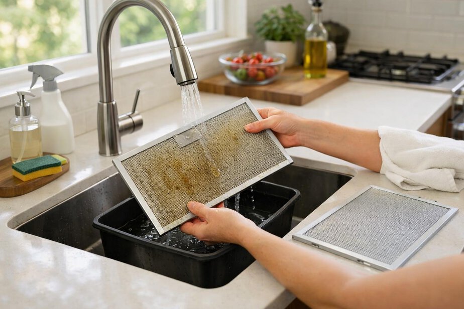 Person cleaning a removable rangehood grease filter at a kitchen sink