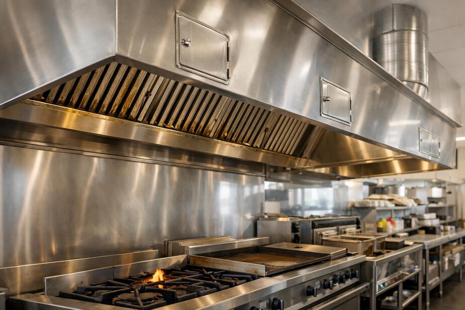Commercial kitchen canopy and exhaust system above cooking equipment