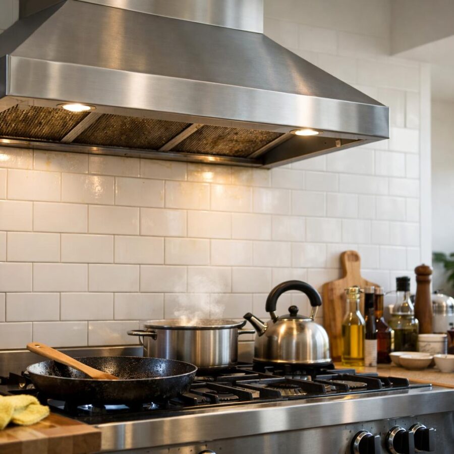 Modern Australian kitchen with a stainless steel rangehood above a stovetop