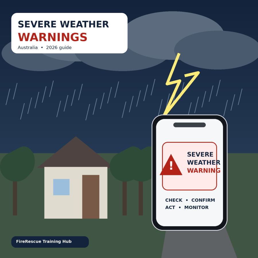 Australian severe weather warning scene with an approaching storm and a mobile emergency alert